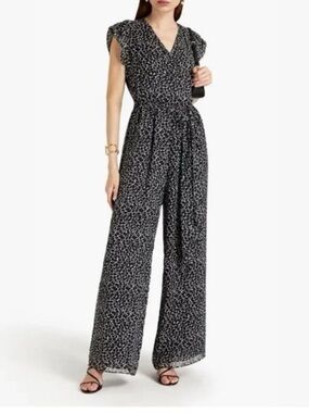 Max Studio Pokadot Black and White V Neck Cap Sleeves Jumpsuit M